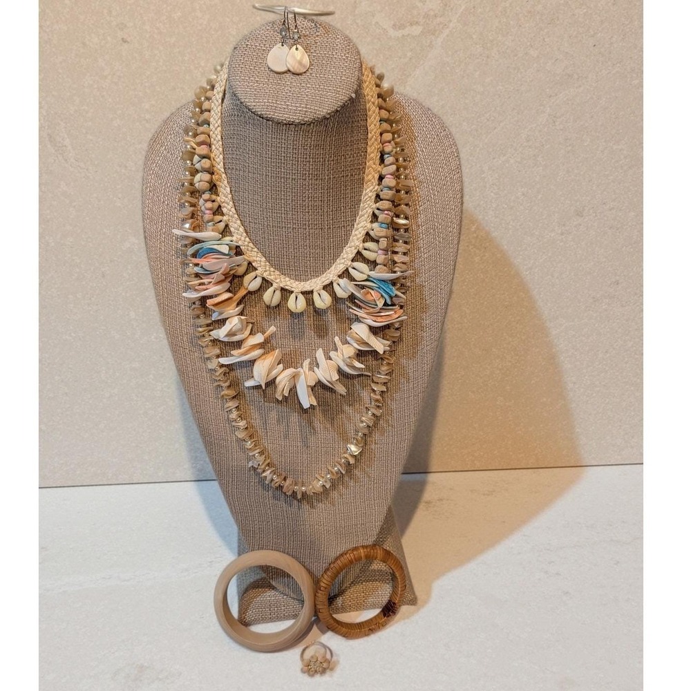 Boho Shell Jewelry Lot 6pc Coastal Statement Necklaces Bangles Ring Earrings